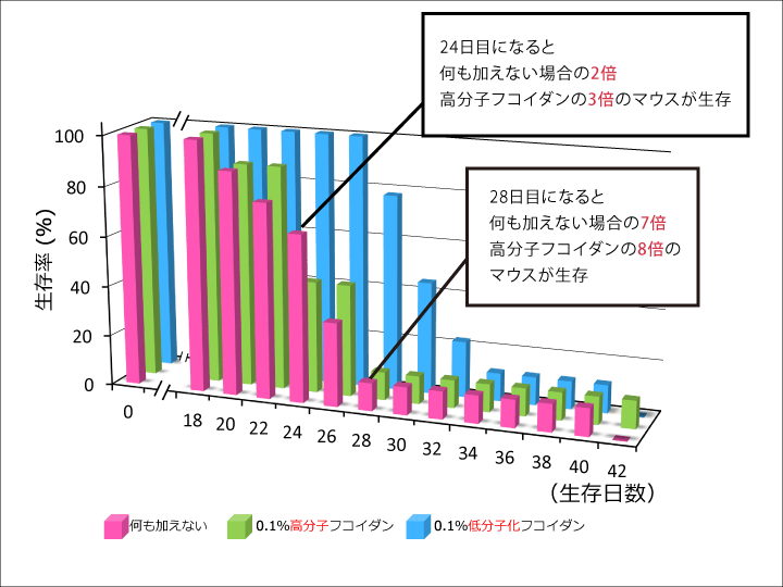 極小分子/超低分子褐藻醣膠與高分子褐藻醣膠腫瘤小鼠生存曲線對照圖