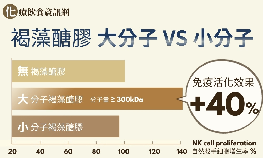 大分子褐藻醣膠的免疫活化效果比小分子褐藻醣膠多了四成(40%)